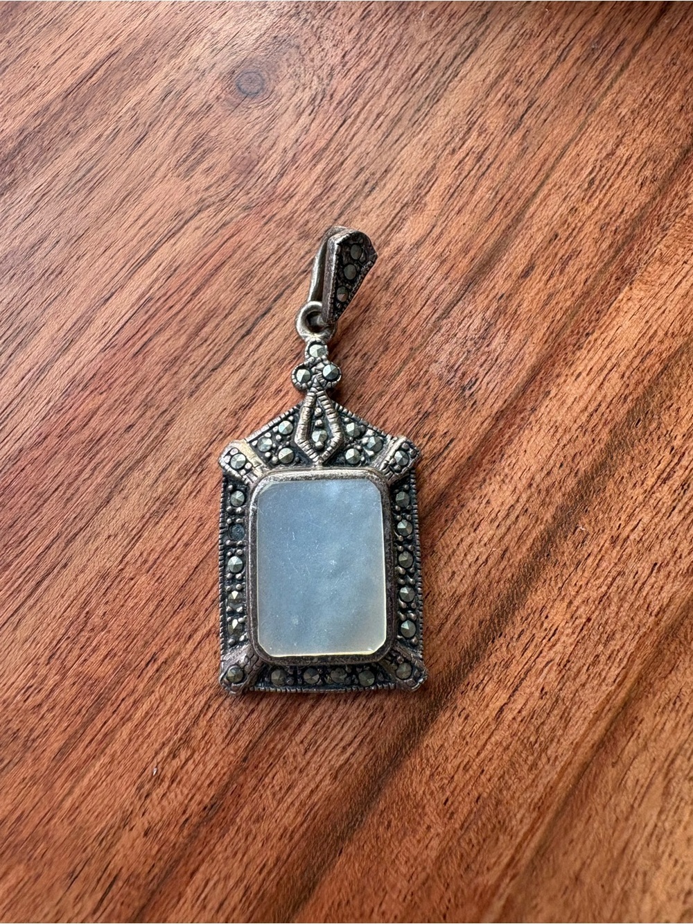 Vintage Sterling Silver Marcasite Pendant with Mother of Pearl